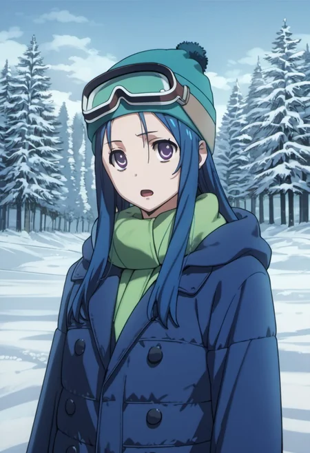score_9, score_8_up, score_7_up, source_anime,kawashima ami, blue hair, long hair, purple eyes, 1girl, solo, snow, goggles, hat, coat, tree, winter, open mouth, winter clothes, beanie