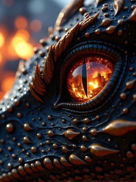 An extreme close-up of a dragon's eye, showing intricate scales and reflections of a burning town. The flames and smoke are vivid and intense, with ash drifting in the air. The dragon's iris glows ominously, capturing the chaotic scene with sharp, fiery details. The dragon scales glowing with a radiant shimmer, reflecting the orange and red flames of a large fire. The texture of the scales is detailed, with sharp ridges and a natural sheen, under intense light. Realistic style. aidmaimageupgrader, aidmaMJ6.1 <lora:aidmaImageUpgrader-FLUX-V0.2:1.0> <lora:flux.1_lora_flyway_Epic-detail_v2:0.8> <lora:aidmaMJ6.1_aidmaMJ6.1-FLUX-v0.4:0.4> <lora:v1v1dr34m:0.66>