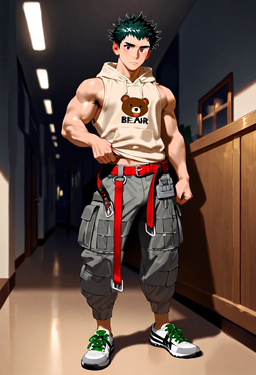 very awa, masterpiece, best quality, absurdres, newest, perfect quality, detailed background, intricate details, realistic,
solo, male focus, full body, short body, smooth body, muscular, male, cute face,
light skin, bright red eyes, thick eyebrows,
dark green hair, (very short hair, spiky hair, messy hair:1.8), armpit hair, 
(beige hoodie, brown bear print on hoodie, sleeveless hoodie:1.6), thick arms, (unbuckled belt, red belt, gray cargo pants:1.8), (white sports shoes with black accents, green shoelaces:1.8),
sensual pose, tiny bulge,
inside mansion, night, dim lights, dynamic angle,
