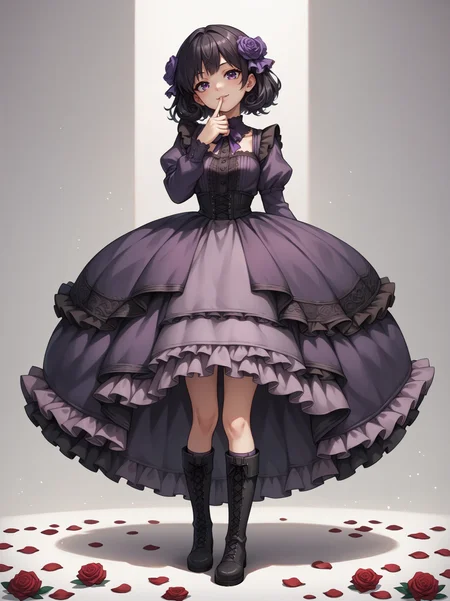 score_9, score_8_up, score_7_up, score_6_up, score_5_up, score_4_up, source_anime,
1girl wearing a purple bell skirt <lora:bell_skirt-PD-1.0:1>,
frills, layered skirt, medium skirt, lace, boots, thighhighs, puffy sleeves, head tilt, hand to mouth, seductive smile,
black hair, purple eyes, contrapposto, standing, roses, rose petals, rose petals on floor, simple background