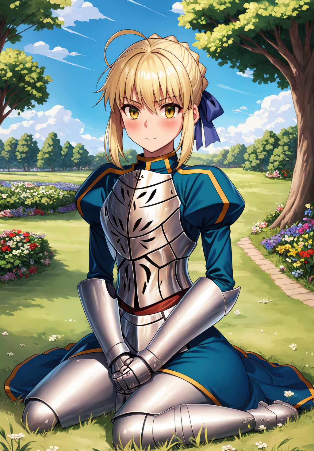 <lora:fate_nero:0.8>, fate_nero, 1girl, solo, looking at viewer, blush, long sleeves, dress, ribbon, sitting, closed mouth, hair ribbon, flower, boots, outdoors, sky, day, puffy sleeves, cloud, armor, tree, blue sky, blue dress, wariza, grass, blue ribbon, juliet sleeves, gauntlets, breastplate, armored dress, artoria pendragon (fate), saber