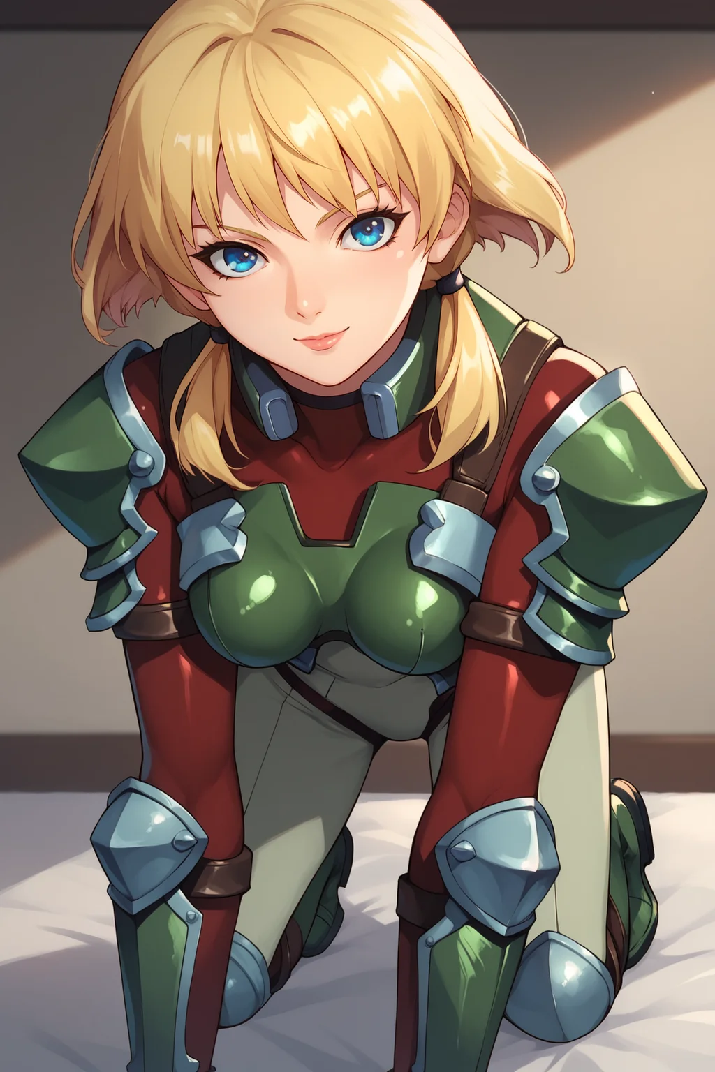 score_9, score_8_up, score_7_up, score_6_up, BREAK, MarleneAngelBGXL, blue eyes, blonde hair, short hair, low twintails, medium breasts, green armor, shoulders armor, red bodysuit, green guantlets, black gloves, green knee pads, green boots, solo, all fours, seductive smile, looking at viewer, indoors <lora:MarleneAngelBGXL:0.9>