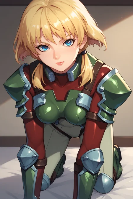 score_9, score_8_up, score_7_up, score_6_up, BREAK, MarleneAngelBGXL, blue eyes, blonde hair, short hair, low twintails, medium breasts, green armor, shoulders armor, red bodysuit, green guantlets, black gloves, green knee pads, green boots, solo, all fours, seductive smile, looking at viewer, indoors <lora:MarleneAngelBGXL:0.9>