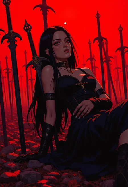 A gothic warrior with long black hair and a dark dress, reclining against a sea of swords planted in the ground. The red sky intensifies the dark mood, and her eyes are filled with a haunting calm. The swords glisten under the crimson light. (epic dark fantasy style).
ne0nfant4sy