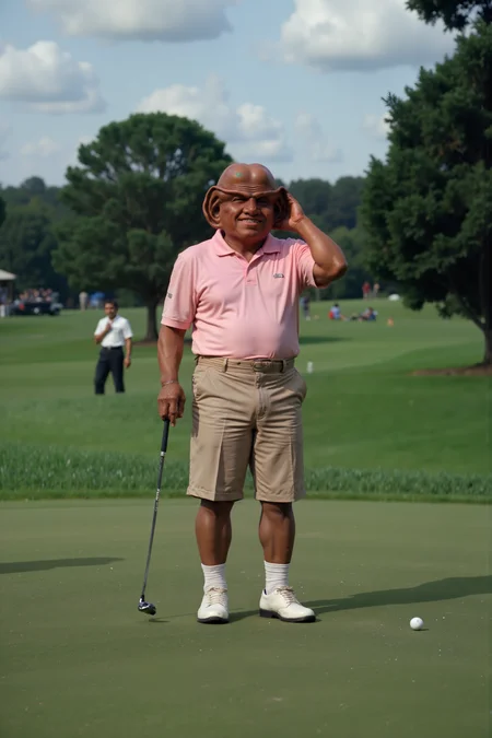 A Ferengi in a pastel polo shirt and khaki shorts stands on the green of an exclusive country club, gripping a golf club as he lines up his shot. His large ears twitch with concentration, and a satisfied grin spreads across his face as he eyes the distant hole. The perfectly manicured grass glistens in the morning dew, and the gentle chirping of birds creates an air of serene calmâthough the Ferengi's mind is anything but calm, constantly calculating the value of the club's membership fees. Behind him, his human golf partner checks his watch impatiently, but the Ferengi is in no hurry, taking his time as he adjusts his stance and swings with exaggerated precision. The ball sails through the air, landing just shy of the hole, and the Ferengi gives a triumphant fist pump, already planning how heâll negotiate a "friendly wager" for the next round. A golf cart idles nearby, loaded with overpriced refreshments, and the Ferengiâs eyes gleam as he considers launching his own line of exclusive latinum-branded sports drinks. As he steps back to let his partner take a shot, the Ferengi adjusts his visor and chuckles quietly to himselfâbusiness is always better on the green.<lora:aidmaMJ6.1-FLUX-V0.1:0.6><lora:Movie_Portrait><lora:Flux DetailerV2><lora:ferengiV1_FLUX>