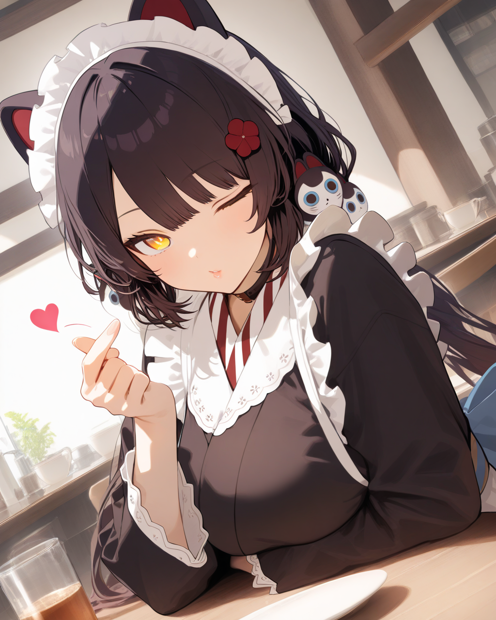 1girl, InuiTokoNijisanji, 
safe, solo, dutch angle, upper body,
smile,
finger heart, detailed finger, lips,
one eye closed, blowing kiss,
maid headdress,
yellow eyes, red eyes,
low twintails, hair ornament,
hair flower,
black kimono, large breasts,
long sleeves, maid apron,
sitting, looking at viewer,
indoors, caffe, table,
<lora:kp_InuiTokoNijisanjiAnimagineXL_v1_1:1.0>,
masterpiece, high score, great score, absurdres