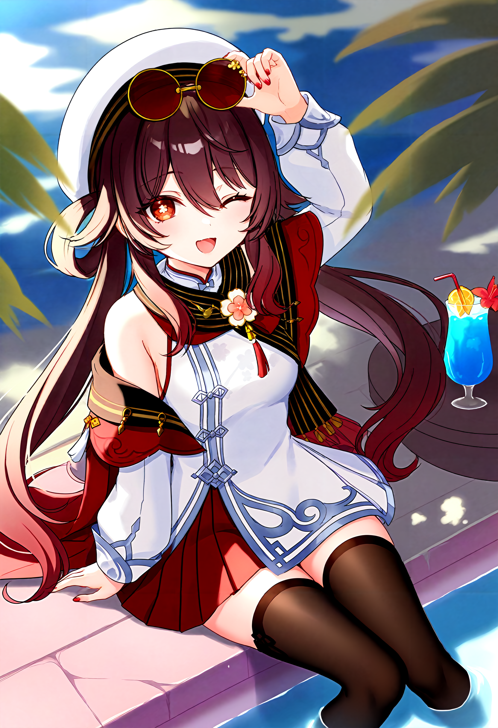 masterpiece, best quality, high score, great score, newest, absurdres, highres, amazing quality, very aesthetic, year 2023, year 2024,
hu tao \(cherries snow-laden\) \(genshin impact\), artist:kedama milk, newest,
1girl, solo, flower-shaped pupils, red skirt, symbol-shaped pupils, long hair, skirt, brown hair, pleated skirt, white shirt, puffy long sleeves, red eyes, sunglasses on head, tinted eyewear, sleeveless shirt, twintails, white headwear, hat, bare shoulders, red-tinted eyewear, beret, black thighhighs, hair between eyes, unworn eyewear, multicolored hair, gradient hair, off shoulder, medium breasts, nail polish, very long hair, zettai ryouiki, official alternate costume,
one eye closed, sitting, soaking feet, looking at viewer, drinking straw, two side up, arm up, open mouth, smile, water, ;d, outdoors, cup, sunlight, drink, flower, drinking glass, tropical drink, day, dappled sunlight, arm support, sidelocks, blush,
<lora:cherries_snow-laden_Animagine-000004:1>