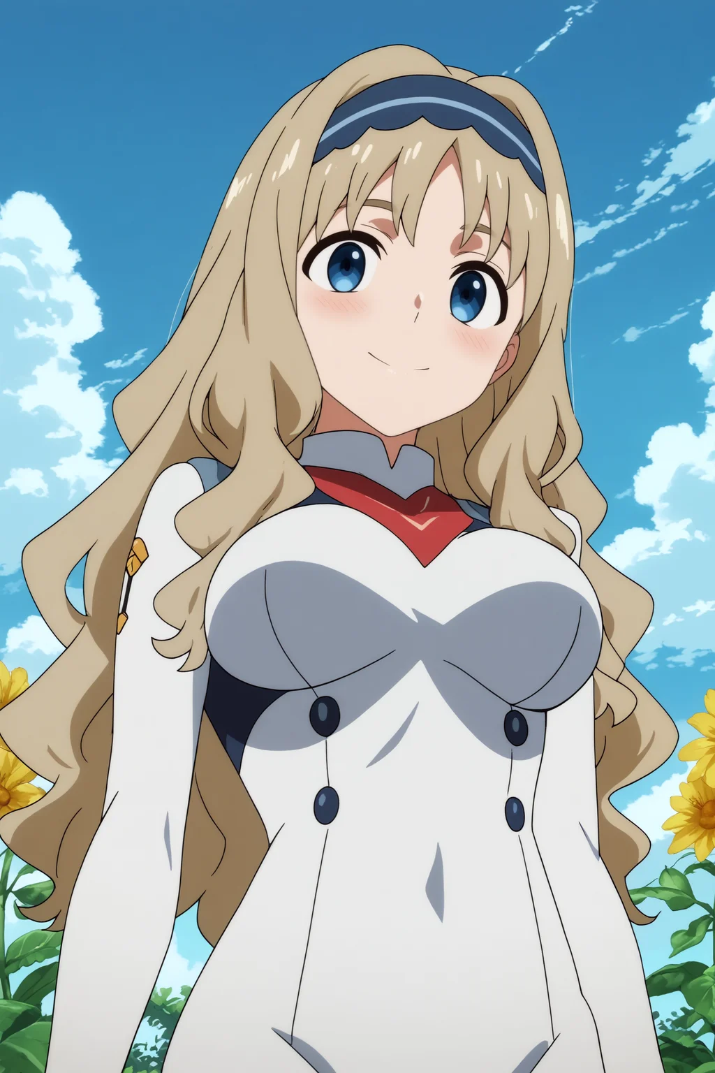 kokoro,1girl,solo,long hair,hairband,blonde_hair,uniform,bodysuit,white bodysuit,large breasts,from below,smile,upper body,cowboy shot,peace sign BREAK outdoors,blue sky,cloudy_sky,yellow flower,flower field,tree <lora:Kokoro_-_Darling_in_the_franxx.safetensors:0.8> <lora:detailed_backgrounds_v2.safetensors:0.5>