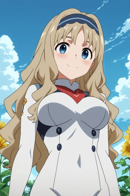 kokoro,1girl,solo,long hair,hairband,blonde_hair,uniform,bodysuit,white bodysuit,large breasts,from below,smile,upper body,cowboy shot,peace sign BREAK outdoors,blue sky,cloudy_sky,yellow flower,flower field,tree <lora:Kokoro_-_Darling_in_the_franxx.safetensors:0.8> <lora:detailed_backgrounds_v2.safetensors:0.5>