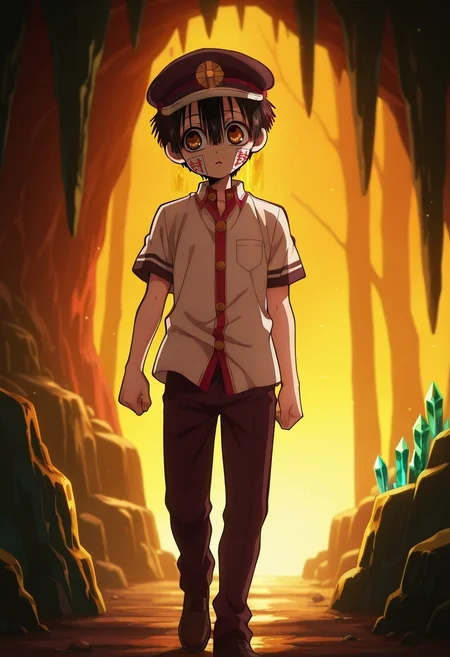 masterpiece, best quality, , anime screencap, anime coloring, official style, , 1boy, solo, male focus, <lora:hanako-kun_ilxl:0.9>, hanako-kun, black hair, brown eyes, short hair, hair between eyes, bangs, hat, black headwear, , ofuda, dragon sanctuary, sleeping dragons, treasure hoard, crystal cave, careful stepping, quiet expression, warm lighting, shirt, beret