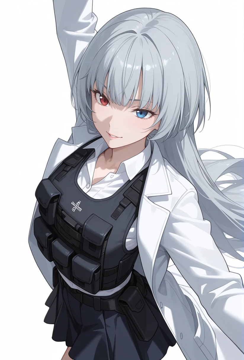 Smooth Quality,masterpiece,very intricate, high quality details, ultra realistic, high detailed skin,detailed enviorement,absurdres,
simple background, white background,solo,
from above,dancing,
rape face,
<lora:Valentine_CNR:0.8> valentine_cnr, 1girl, blue eyes, grey hair,red eyes, heterochromia, blue eyes,very long hair,doctor coat, ,tactical vest, ,flared skirt, ,