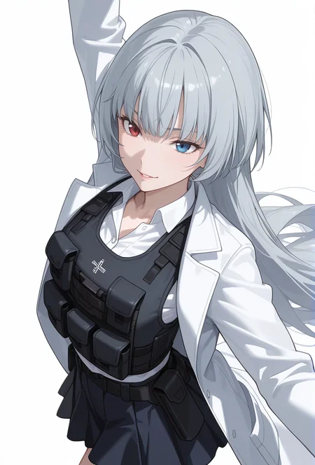 Smooth Quality,masterpiece,very intricate, high quality details, ultra realistic, high detailed skin,detailed enviorement,absurdres,
simple background, white background,solo,
from above,dancing,
rape face,
<lora:Valentine_CNR:0.8> valentine_cnr, 1girl, blue eyes, grey hair,red eyes, heterochromia, blue eyes,very long hair,doctor coat, ,tactical vest, ,flared skirt, ,