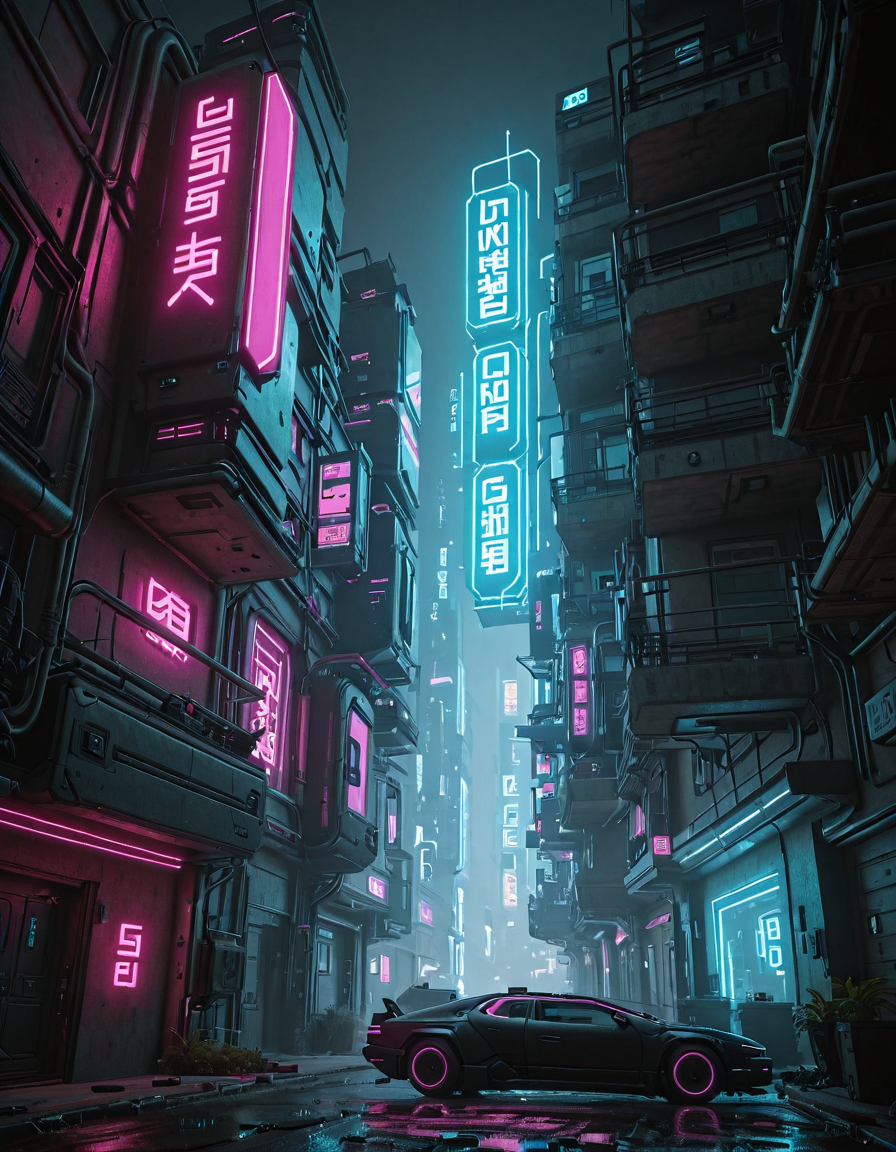 <lora:CWMinis01v2illb:1> cw01mini, cyberpunk, low apartment, cyberpunk cars, cyberpunk city background, glowing kanji, glow, illuminated, night, wet, low angle shot,