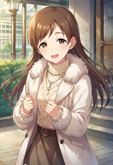 score_9, score_8_up, score_7_up, source_anime,nitta minami, brown hair, brown eyes, long hair, 1girl, solo, skirt, outdoors, jewelry, sweater, smile, coat, fur trim, necklace, turtleneck, open mouth