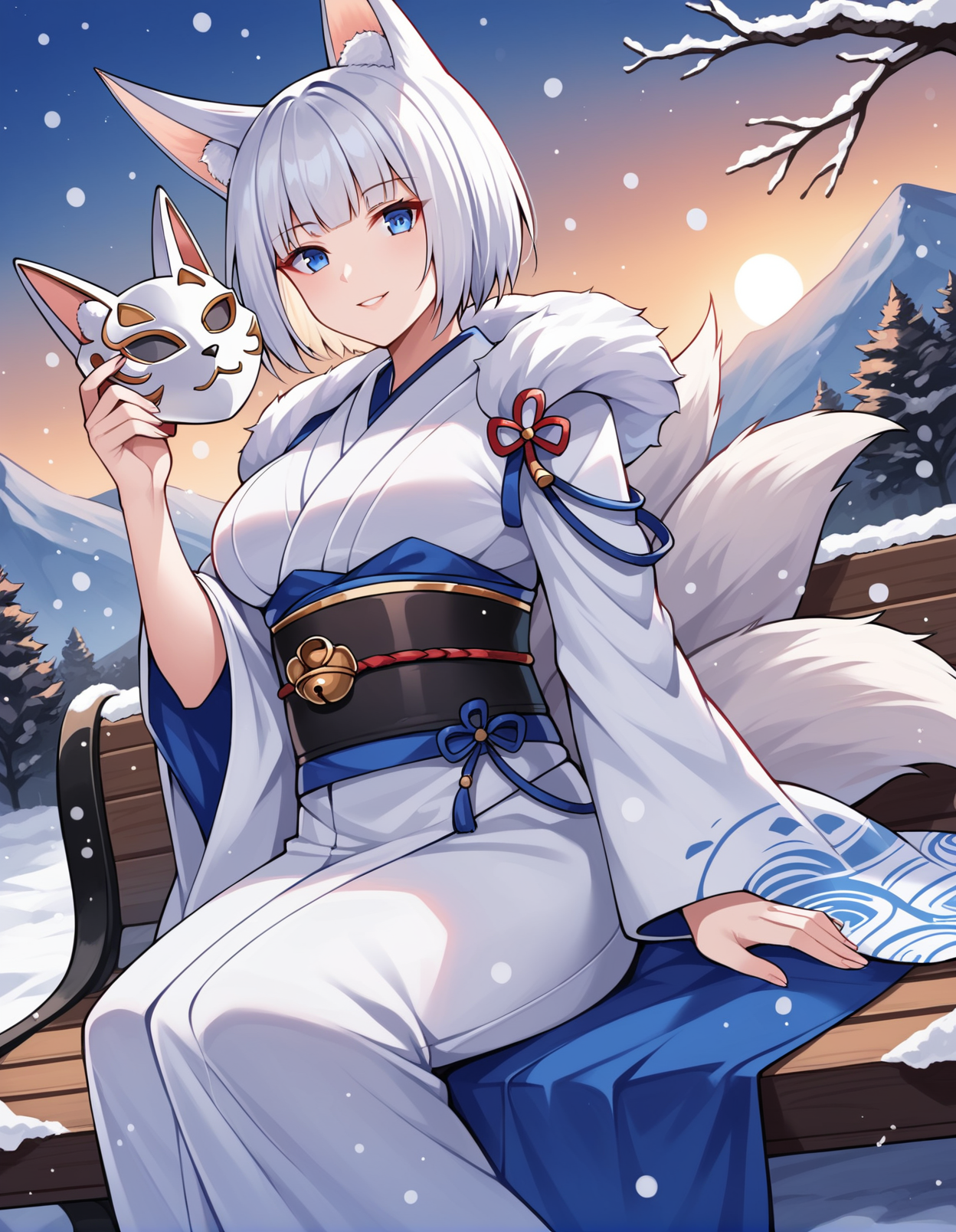 score_9, score_8_up, score_7_up, score_6_up, score_5_up, score_4_up, source_anime, rating_safe, BREAK <lora:azureKagaXL_LoRA-C3Lier_AdamW_Dim32_Alpha32_UN-3e-4_TE-1.5e-4_10batch_ponyDiffusionV6XL_v6StartWithThisOne:1>, azurekaganewy, kaga (azur lane), 1girl, fox ears, animal ear fluff, fox girl, blue eyes, white hair, short hair, blunt bangs, fox tail, multiple tails, large breasts, holding mask, white kimono, fur trim, wide sleeves, long sleeves, sash, obi, bell, light smile, sitting, bench, looking at viewer, dutch angle, winter, snow, snowing, dawn, sunrise, mountainous horizon,