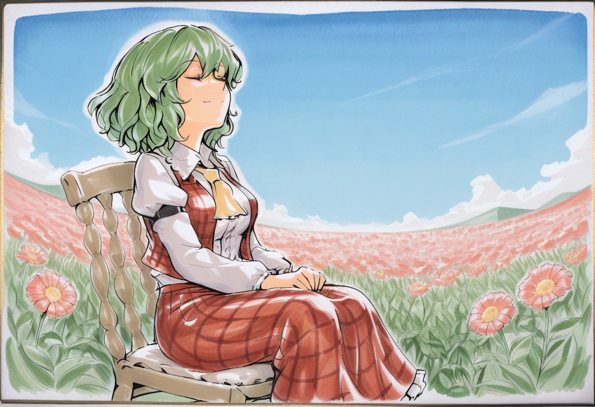 best quality, masterpiece,
1girl, solo, kazami yuuka,
sitting, closed eyes, smile,
wind, chair, flowerfield, blue sky,
shikishi,