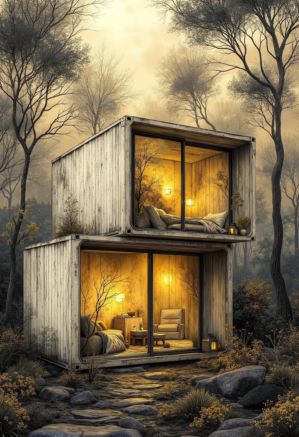 pst006, A luxurious big white creative container villa in the forest, natural, realistic, natural scenery, panoramic view, wide angle of super distance