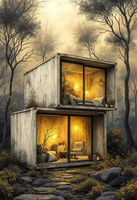 pst006, A luxurious big white creative container villa in the forest, natural, realistic, natural scenery, panoramic view, wide angle of super distance