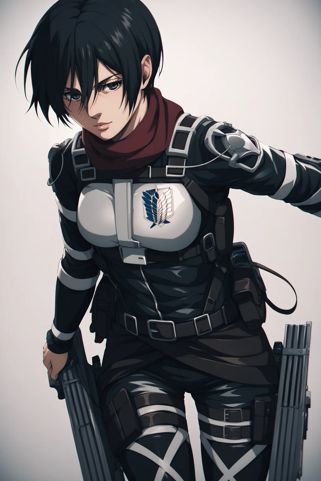 score_9, score_8_up, score_7_up, score_6_up, BREAK source_anime, <lora:adult mikasa ackerman-PonyXL-lora-faxtron:0.8> adult mikasa ackerman, black eyes, black hair, short hair, medium breasts, military uniform, armor, belt, thigh strap,
