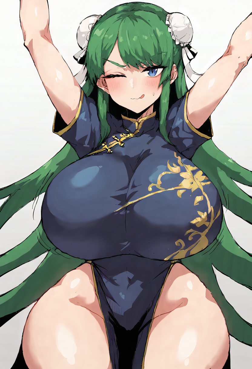 score_9, score_7_up,  1girl, 
huge breasts, wide hips, thick thighs, shiny clothes, breasts, tongue out, impossible clothes, impossible dress, tongue, china dress, arms up, blue eyes, thighs, cameltoe, bun cover, curvy, long hair, very long hair, hair bun, one eye closed, cowboy shot, chinese clothes, blue dress, groin, short sleeves, solo, green hair, looking at viewer, shiny skin, wavy mouth, double bun, v-shaped eyebrows, floral print, dress, short dress, closed mouth, swept bangs
 <lora:kakakarute06ame-Style-PonyXL-GLoRA-000048:1>