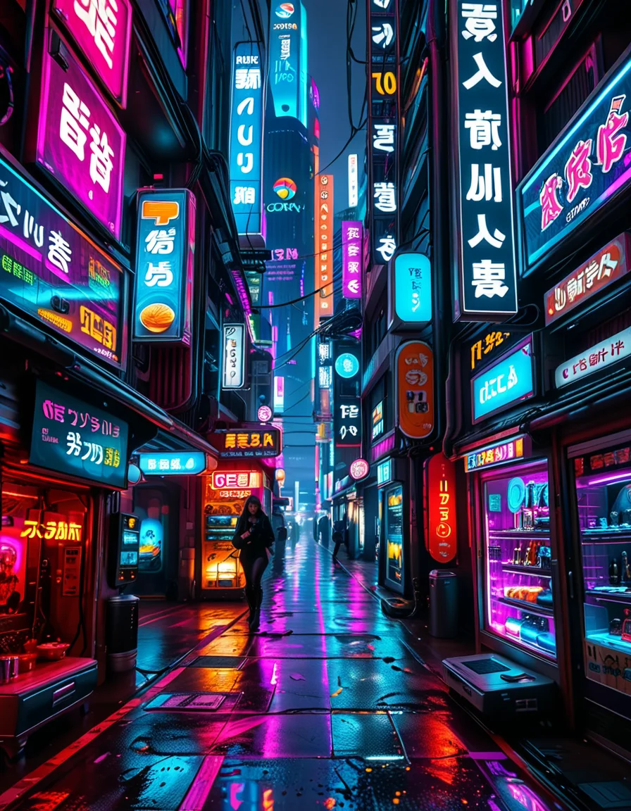 A young woman standing confidently in the middle of a neon-lit cyberpunk street,cyberpunk str33t, dressed in futuristic hacker attire. She is wearing a sleek black leather jacket adorned with glowing blue circuit patterns, a high-tech visor over her eyes displaying scrolling digital data, and fingerless gloves with embedded LED lights. Her pants are form-fitting and metallic, with glowing strips running down the sides, and she has rugged combat boots with neon accents. Her posture is assertive, holding a small, holographic tablet in one hand with glowing data projections hovering above it, while her other hand rests on her hip. Her expression is intense and focused, exuding intelligence and determination. The background features a bustling urban environment with towering skyscrapers covered in vibrant neon signs in various languages, flickering holographic advertisements, and cables crisscrossing above. The ground is wet, reflecting the colorful lights of the city, and faint mist and smoke from nearby vents add depth and atmosphere. The overall mood is futuristic, edgy, and brimming with the energy of a high-tech dystopian world.
<lora:SDXLFaeTastic2400:0.4> <lora:extremely_detailed:0.4> extremely detailed, <lora:cyberpunk_str33t:1>, Masterpiece,best quality,hi res,8k,hi res,8k,award winning,(sharp focus, intricate, highly detailed),