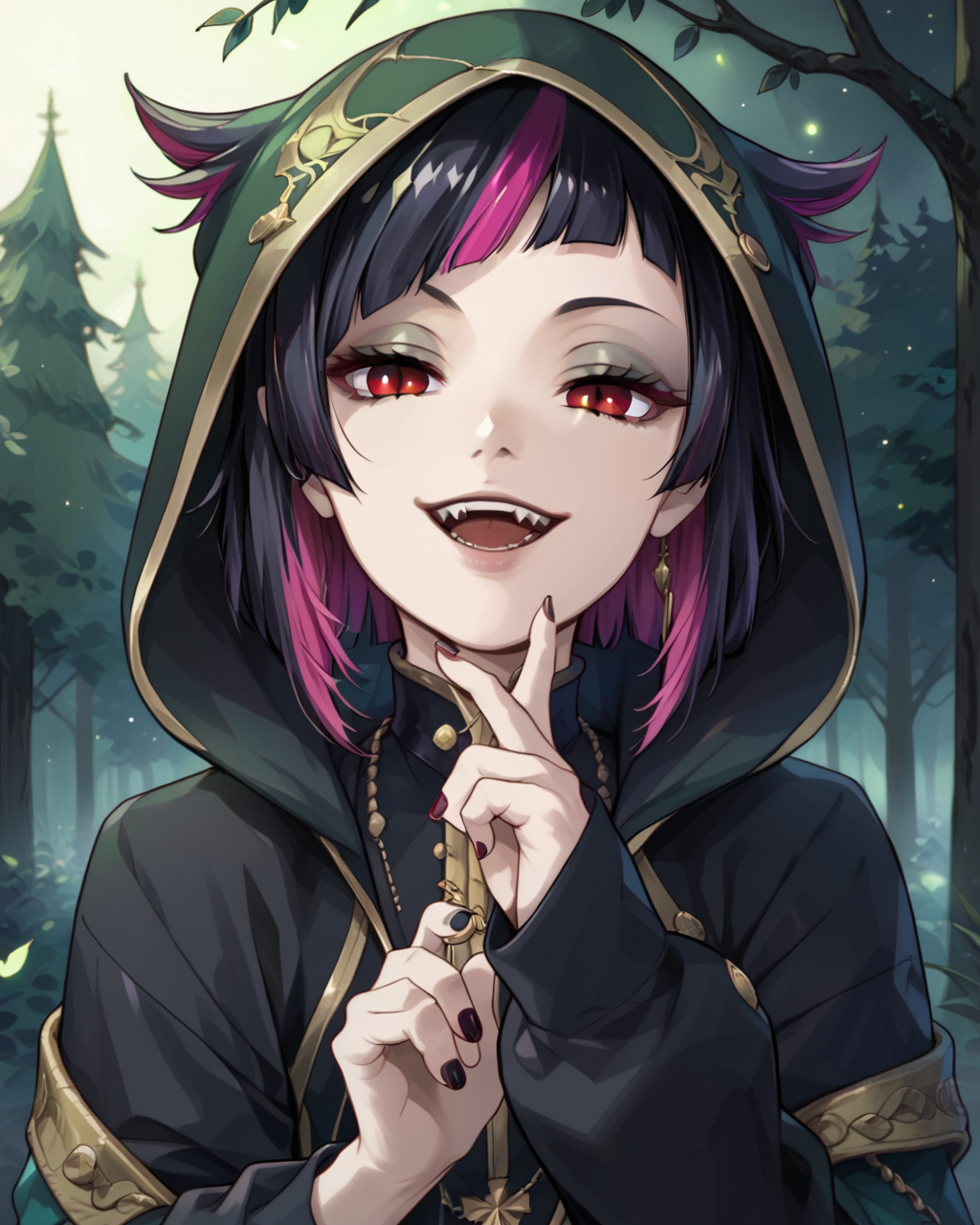 <lora:Lilia VanrougePDXL_v1:1>1boy, Lilia VanrougePDXL, solo, pink hair, looking at viewer, smile, nail polish, open mouth,Ceremonial attire, hood, night forest,, <lora:princess_xl_v2:0.8><lora:g0th1cPXL:0.3> g0th1cpxl<lora:Expressive_H:0.8> ExpressiveH<lora:NAI Smooth Boys Style SDXL_LoRA_20r_20e_8i_nr32_a16_Pony Diffusion V6 XL:0.8> score_9, score_8_up, score_7_up,