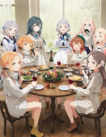 nsfw, highres, best quality, masterpiece, masterpiece, best quality, ultra-detailed, absurdres, newest, volumetric lighting, available light, complex background, scarf, beret, round glasses, holding a glass of wine, swirling the wine glass, holding fork, at the table, cheese on the plate, film grain, scenery, Mallow, Green hair, Large green eyes, Messy, shoulder-length hair, Tan skin, Flower hair clip, Green and white outfit, Bare legs, Brown shoes, Round face, Youthful appearance, saki, kotone, temari, ume, kurachina, sumika, sena, lilja, mao, rinami, hiro, misuzu