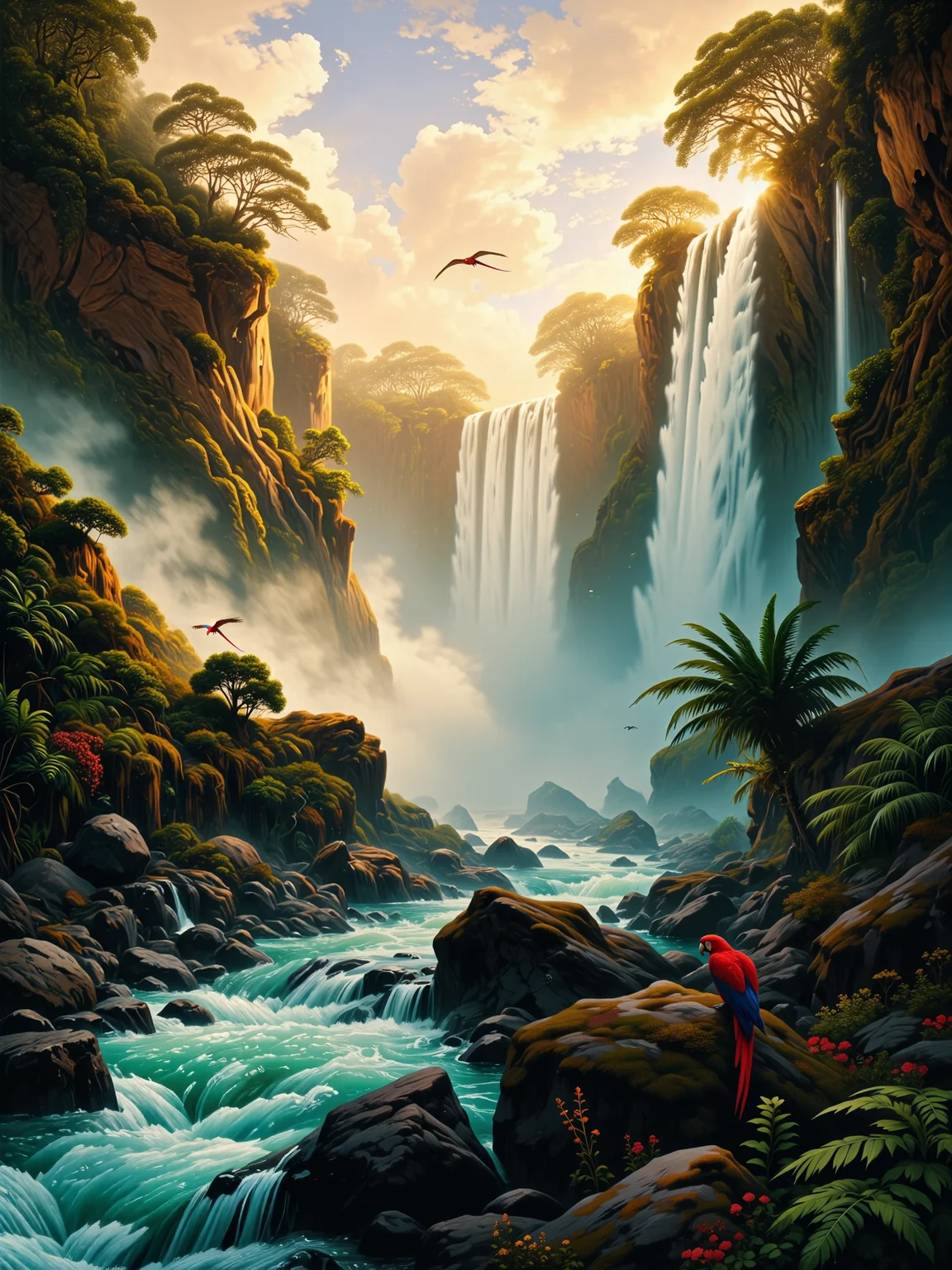 famous artwork, masterful use of light and shadow, masterful composition following the rule of thirds, chiaroscuro, dappled sunlight, romanticism oil painting of the awe-inspiring iguazu falls in the style of caspar david friedrich, an immense cascade of water thundering down into the mist-shrouded depths below, a breathtaking vision of unrestrained natural power, the composition is grand and dramatic, capturing the sheer scale of the falls as they carve through the lush, untamed rainforest, towering cliffs covered in verdant foliage frame the scene, their rugged, weathered surfaces bathed in soft golden light, the turbulent waters crash against the jagged rocks below, sending plumes of mist rising into the air, where they catch the sunlight in dazzling, prismatic hues, a pair of scarlet macaws flying over the falls add life to the scenery, the background features a vast, cloud-filled sky, a mixture of warm and cool tones as the light of the late afternoon sun filters through billowing storm clouds, shafts of sunlight break through, illuminating pockets of the dense jungle and highlighting the intricate textures of the cascading water, the rainforest is rich and vibrant, filled with dense vegetation, massive ferns, and ancient trees stretching toward the sky, the foliage is painted with masterful, expressive brushstrokes, evoking the untamed spirit of the wilderness, in the foreground, the river below swirls with movement, its deep emerald and turquoise waters reflecting the ever-changing sky, small details like birds soaring through the mist and delicate wildflowers growing between the rocks add life and realism to the composition, evoking a sense of awe and wonder, painted with rich, dynamic brushwork, the textures of water, stone, and foliage blend seamlessly, every detail capturing the grandeur and emotional intensity of the scene, deep, dramatic contrasts between light and shadow heighten the sense of depth and scale, a masterful work of romanticism that immerses the viewer in natureâs overwhelming majesty, ovg, style of rembrandt, <lora:style-caspar_david_friedrich-flux-by_tiberiana:0.88> <lora:style-rembrandt-flux-by_tangbohu:0.32> <lora:image_enhancer-flux-by_dever:0.8>