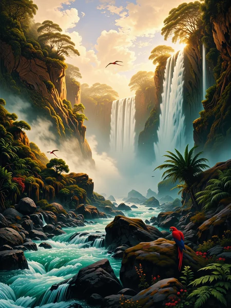 famous artwork, masterful use of light and shadow, masterful composition following the rule of thirds, chiaroscuro, dappled sunlight, romanticism oil painting of the awe-inspiring iguazu falls in the style of caspar david friedrich, an immense cascade of water thundering down into the mist-shrouded depths below, a breathtaking vision of unrestrained natural power, the composition is grand and dramatic, capturing the sheer scale of the falls as they carve through the lush, untamed rainforest, towering cliffs covered in verdant foliage frame the scene, their rugged, weathered surfaces bathed in soft golden light, the turbulent waters crash against the jagged rocks below, sending plumes of mist rising into the air, where they catch the sunlight in dazzling, prismatic hues, a pair of scarlet macaws flying over the falls add life to the scenery, the background features a vast, cloud-filled sky, a mixture of warm and cool tones as the light of the late afternoon sun filters through billowing storm clouds, shafts of sunlight break through, illuminating pockets of the dense jungle and highlighting the intricate textures of the cascading water, the rainforest is rich and vibrant, filled with dense vegetation, massive ferns, and ancient trees stretching toward the sky, the foliage is painted with masterful, expressive brushstrokes, evoking the untamed spirit of the wilderness, in the foreground, the river below swirls with movement, its deep emerald and turquoise waters reflecting the ever-changing sky, small details like birds soaring through the mist and delicate wildflowers growing between the rocks add life and realism to the composition, evoking a sense of awe and wonder, painted with rich, dynamic brushwork, the textures of water, stone, and foliage blend seamlessly, every detail capturing the grandeur and emotional intensity of the scene, deep, dramatic contrasts between light and shadow heighten the sense of depth and scale, a masterful work of romanticism that immerses the viewer in natureâs overwhelming majesty, ovg, style of rembrandt, <lora:style-caspar_david_friedrich-flux-by_tiberiana:0.88> <lora:style-rembrandt-flux-by_tangbohu:0.32> <lora:image_enhancer-flux-by_dever:0.8>