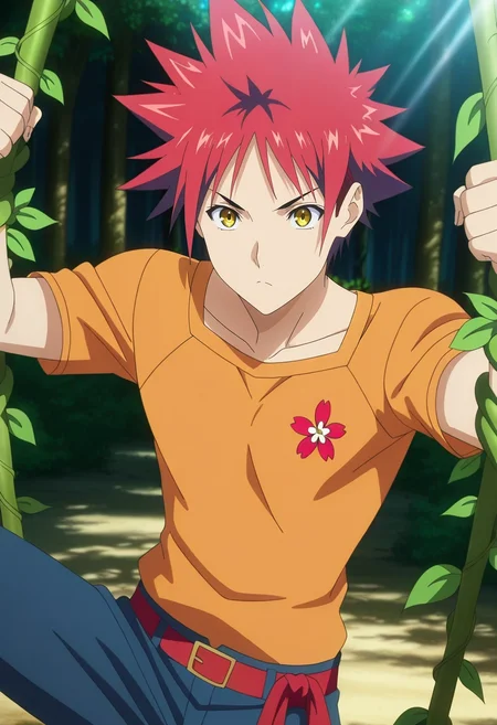 masterpiece, best quality, , anime screencap, anime coloring, official style, , 1boy, solo, male focus, <lora:souma_yukihira_ilxl:0.96>, souma_yukihira, red hair, yellow eyes, spiked hair, , jungle canopy, vine bridges, glowing flora, misty overlooks, swinging pose, playful expression, dappled sunlight, texan costume