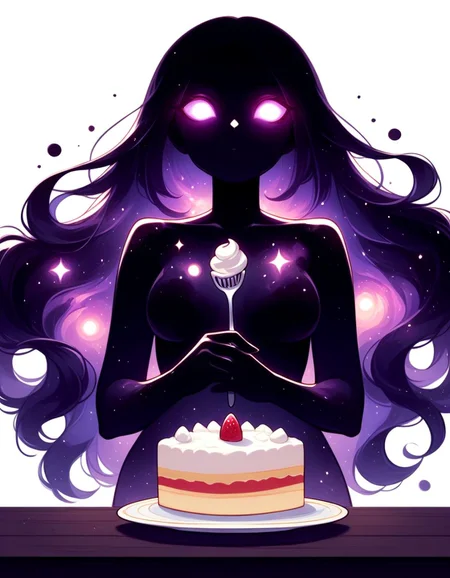 score_9,score_8_up,score_7_up,   <lora:Navi_Celestial_Skin_PonyXL:1.1> nv-celestialskin  ,   colored skin,  void cosmic body, deep black skin, silhouette, nebula, faceless female, long hair,   purple eyes, glowing eyes,
solo, upper body,  plate , cake slice, whipped cream, strawberry, holding spoon , table , looking down,from below , white background,