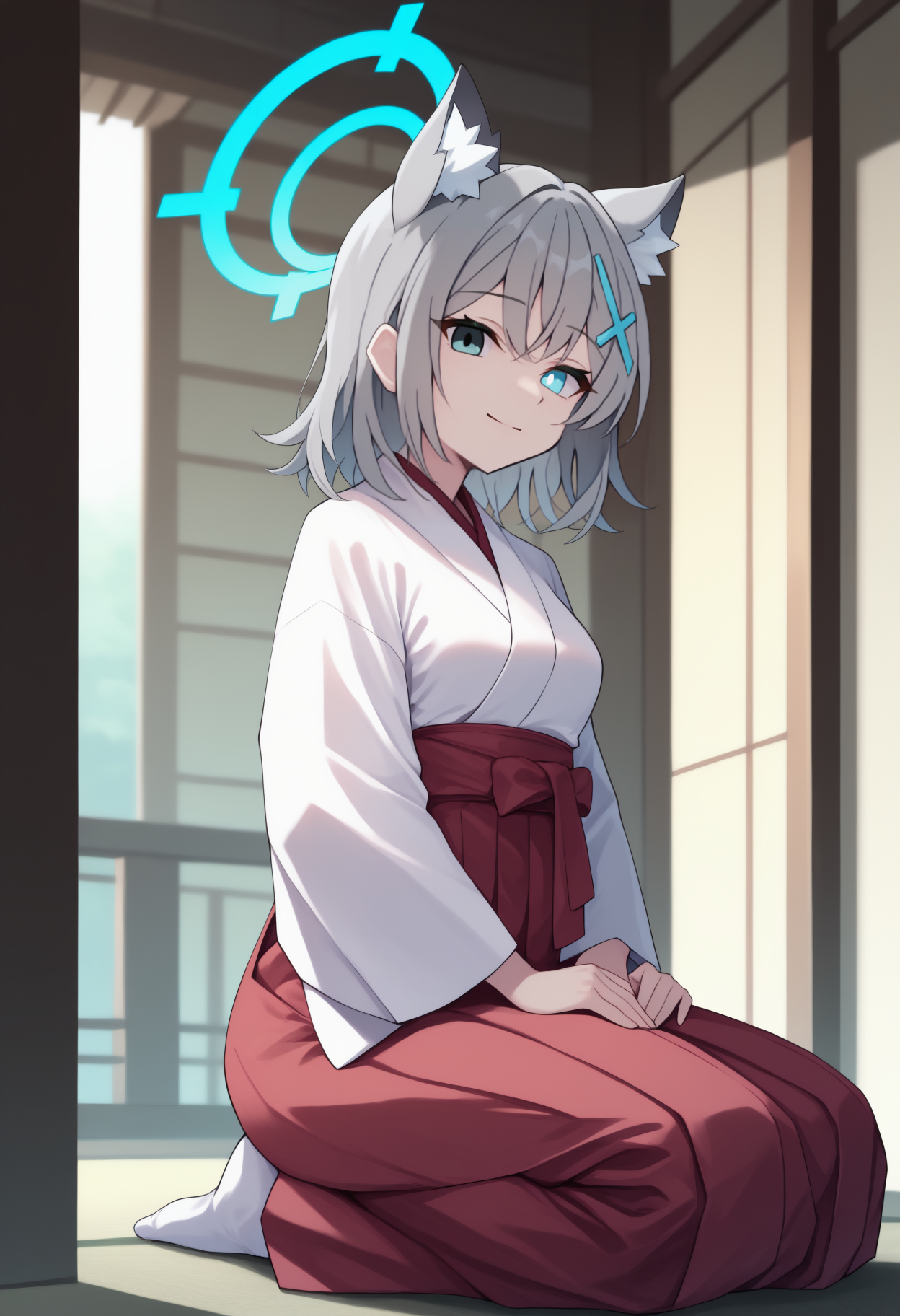 anime, masterpiece, best quality, newest, full body, solo, 1girl, shir0kodef, wolf girl, slight smile, looking at viewer, seiza, hands on own thighs, grey hair, hair between eyes, cross hair ornament, animal ears, animal ear fluff, extra ears, blue halo, blue eyes, mismatched pupils, japanese clothes, white kimono, long sleeves, red hakama, hakama skirt, white socks, indoors, east asian architecture
<segment:yolo-face_yolov8m.pt//cid=1> 1girl, shir0kodef, slight smile, looking at viewer, grey hair, hair between eyes, blue eyes, mismatched pupils