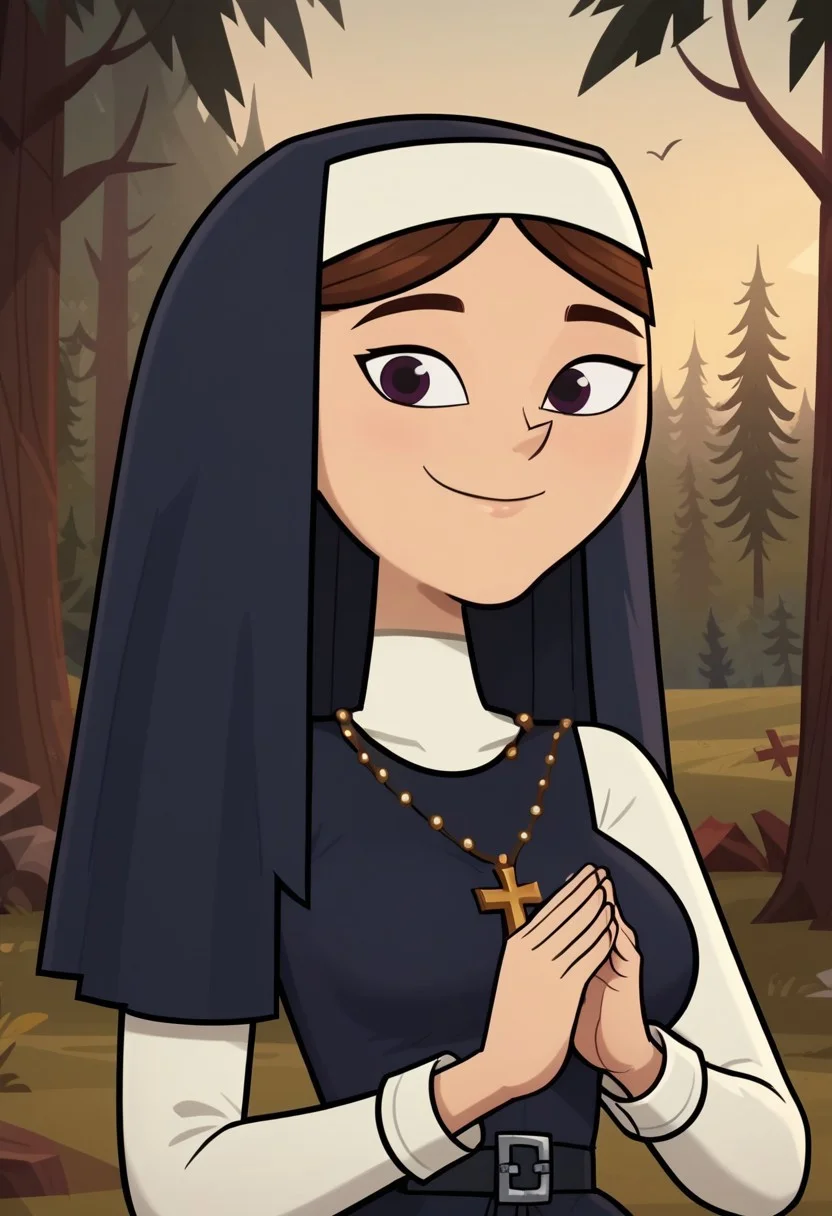 ((Forest background)),score_9, score_8_up, score_7_up,score_6_up,
1girl, Solo, Isabel_DC, fair skin, brown hair, straight hair, dark purple eyes, dark prussian blue nun veil with white coif, necklace with a golden cross, belt with square buckle, dark prussian blue nun tunic with long skirt, black flat shoes, big eyes, tall stature, social smile, perfect eyes, perfect smile, looking at the viewer, big breasts, detailed eyes, perfect eyes, cute, standing, (front pose, bust shot, close up to face, face portrait:1) praying hands
