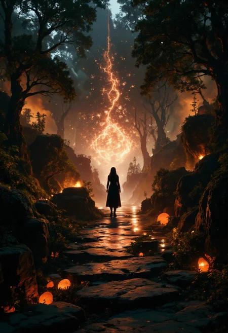 wonderful and mesmerizing scenery on a distant world, very aesthetic, extremely detailed and realistic, professional artwork, 8k, 4k, ultra-high-resolution, fantasy style scenery with art nouveau and elven influences, a tranquil, narrow stone path winding through the woods at sunset, the path leads to one beautiful red tree illuminated by what is left of the sunlight in an otherwise dark forest,  small particles of light are floating and increase the closer the path is to the tree, bioluminescent plants flicker gently among moss-covered rocks, the camera is positioned just above the path level, with a slight upward angle, creating an immersive perspective that draws the eye toward the soft vanishing point beyond the path and to the focus point, rembrandt style lighting enhances contrast between the darkening landscape cinematic tension, soft mist begins to settle in the canyon, diffusing the light from lanterns and casting ghostly reflections on the water, shot on 65mm film with a fine-grain emulsion and soft bloom filter, emphasizing contrast between artificial and natural light, twilight hues rendered with rich saturation and delicate tonal transitions, ovg, artilands02, <lora:style-fantastic_landscapes-v2-flux-by_artifyai:0.8>