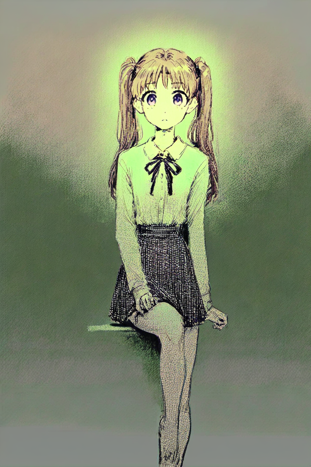 score_9, score_8_up, score_7_up, lyrical nanoha, mahou shoujo lyrical nanoha, takamachi nanoha, brown hair, long hair, long sleeves, purple eyes, ribbon, school uniform, shirt, skirt, twintails, solo, solo focus, cowboy shot, high contrast,dark, , Sitting on a stool with one leg raised, (green theme:1.5), (monochrome:1.5), <lora:godiva_green:1.3>