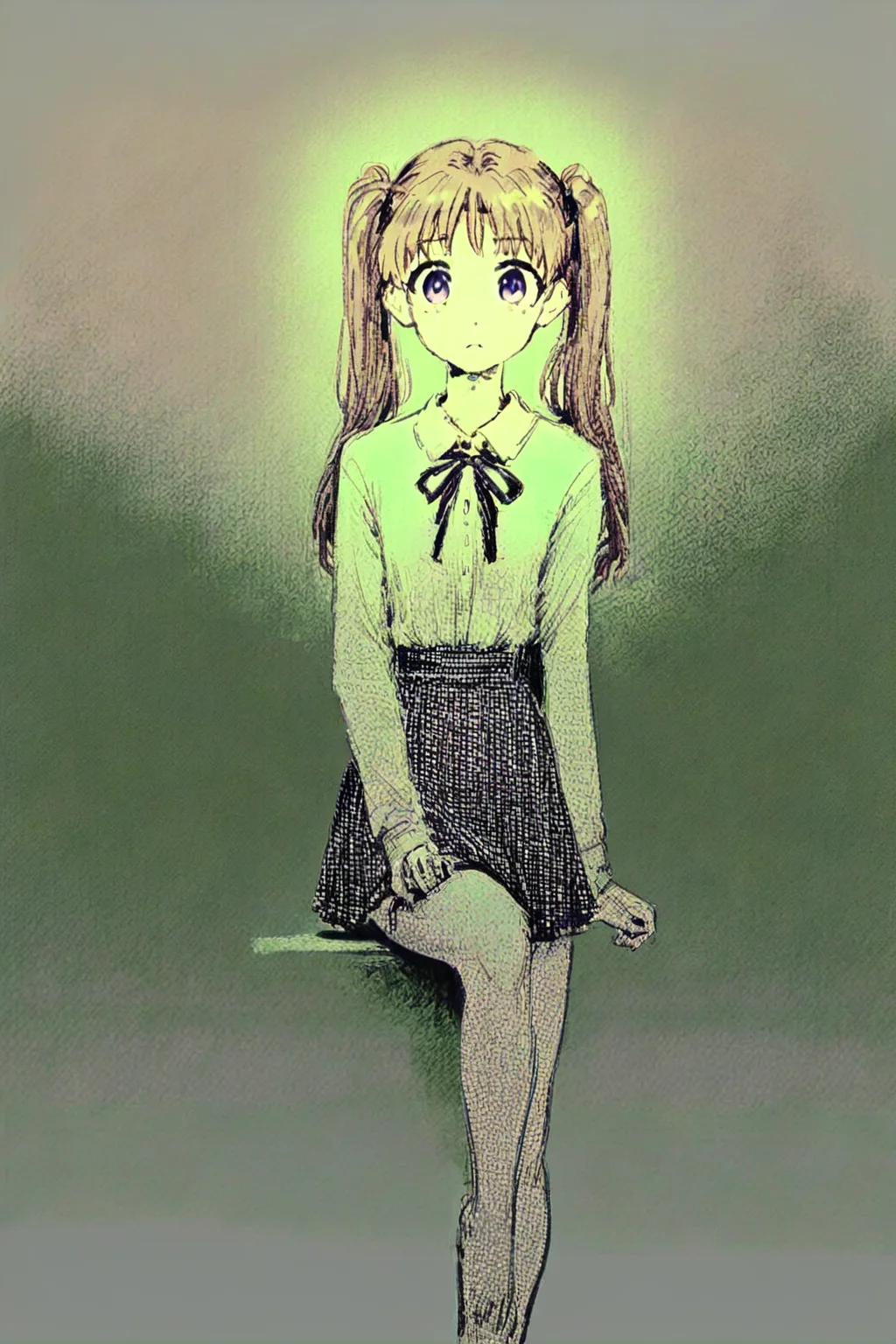 score_9, score_8_up, score_7_up, lyrical nanoha, mahou shoujo lyrical nanoha, takamachi nanoha, brown hair, long hair, long sleeves, purple eyes, ribbon, school uniform, shirt, skirt, twintails, solo, solo focus, cowboy shot, high contrast,dark, , Sitting on a stool with one leg raised, (green theme:1.5), (monochrome:1.5), <lora:godiva_green:1.3>