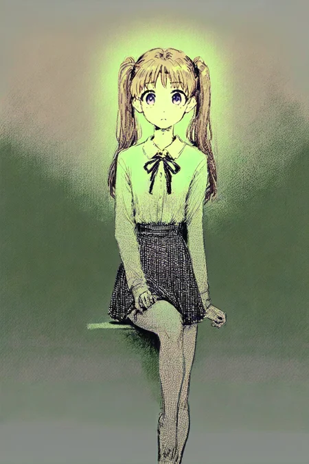 score_9, score_8_up, score_7_up, lyrical nanoha, mahou shoujo lyrical nanoha, takamachi nanoha, brown hair, long hair, long sleeves, purple eyes, ribbon, school uniform, shirt, skirt, twintails, solo, solo focus, cowboy shot, high contrast,dark, , Sitting on a stool with one leg raised, (green theme:1.5), (monochrome:1.5), <lora:godiva_green:1.3>