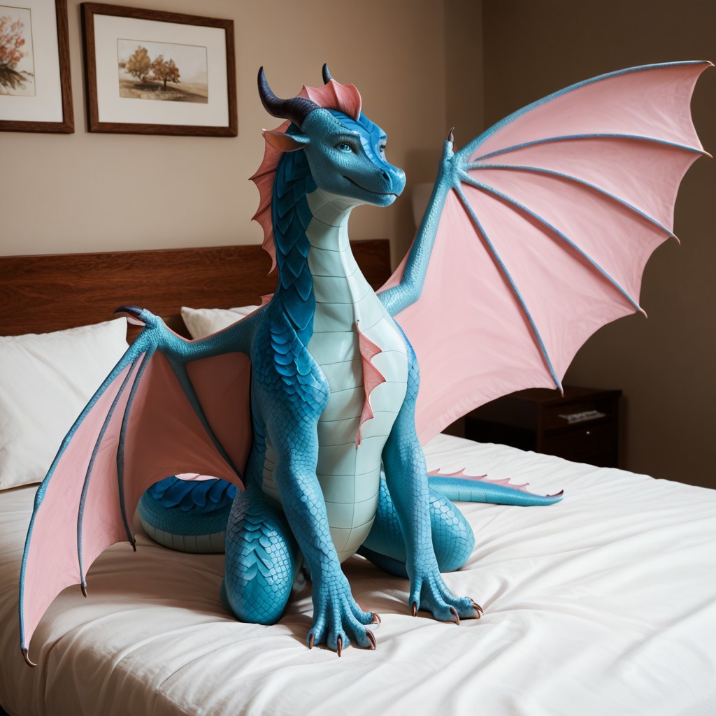 score_9, score_8_up, score_7_up, score_6_up, score_5_up, score_4_up, masterpiece, high quality, realistic, detailed, best quality, solo, rating_safe, source_furry, bedroom, white bed, smiling, happy, detailed eyes, detailed face, looking at viewer, standing, Seawing_wof, aquatic scales, (chin tendrils), dragon, scales, wings, horns, tail, head frill, claws, chest frill, webbed claws, webbed feet, wing pattern, Anemone_wof, 1girl, female, blue horns, cyan scales, pink wings, blue eyes, pink frill, straight horns, white underbelly, spread wings, feral