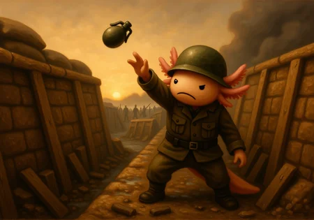 A dramatic oil painting with warm-toned brushwork of axolotls with simplified rounded features plush faces with dot eyes and soft pink feathery gills. A trench at dawn, where an axolotl soldier is caught in the act of throwing a grenade over the parapet. The scene is captured from a low angle, behind and slightly to the side of the soldier, emphasizing the upward arc of its arm as it prepares to hurl the grenade. The soldierâs body is twisted, muscles straining, with its eyes narrowed in concentration and frills flared in determination. The trench is narrow and oppressive, with walls of dirt and sandbags piled high, and the ground beneath is a quagmire of mud and discarded gear. In the background, the first light of dawn barely penetrates the thick smoke hanging over the battlefield, casting long shadows and a dim, eerie glow. The painting captures the split-second intensity of the action, with a dynamic composition that draws the eye along the line of the soldierâs arm towards the unseen enemy beyond the trench, using a technique that emphasizes motion and the raw energy of the moment.<lora:axolotl_oil_painting.safetensors:1.0:1.0>