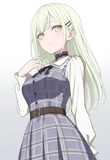 best quality,masterpiece,highres, wakaba mutsumi, 1girl, solo, breasts, looking at viewer, hairclip, long hair, <lora:wakaba_mutsumi_IlluXL:1>, yellow eyes, grey background, gradient background, cowboy shot, light green hair, platinum blonde hair, purple dress, plaid dress, frilled collar, neck ribbon, choker, <lora:yoneyamaiXL_illu_lokr:0.6>, belt, blue dress, long sleeves,, best quality, masterpiece,highres, very aesthetic,absurdres,