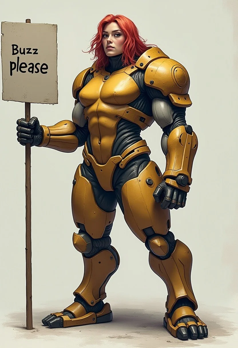 Robogirl, huge muscles, (holding blank sign,upper body, text on sign says "Buzz please") (Huge Muscles:1.2)