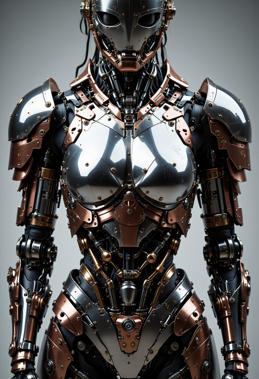 ajchrobo, A detailed frontal portrait of a cybernetic FredFraiStyle knight focusing on the armored torso and shoulders. The upper body is crafted from interlocking plates of brushed titanium, chrome, and rose gold, forming a chiseled and regal silhouette. Heavy mechanical pauldrons sit atop broad shoulders, adorned with etched insignias and precision-cut vents. The chestplate is sculpted with elegant curves and angular seams that follow anatomical contours, enhanced by subtle patina and battle-worn textures. Beneath the armor, transparent metal mesh reveals intricate mechanical ribs and hydraulics, hinting at a powerful inner framework. The entire form radiates strength and nobility, with polished metallic surfaces catching dramatic studio lighting. The reflective chrome floor mirrors the knight's commanding stance, while the photorealistic 3D rendering showcases complex material interplay—light gliding across the layered armor, emphasizing both beauty and brutal efficiency. Exposed servos and precision-welded seams underscore the fusion of elegance and function in this cybernetic warrior.