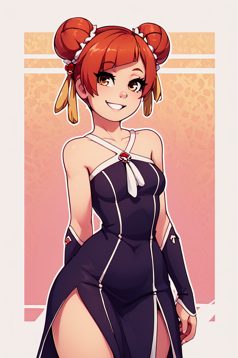 score_9, score_8_up, score_8, medium breasts, (curvy), cute, eyelashes,       BREAK, ,  zzLaufen, hair bun, double bun, red hair, short hair, brown hair, brown eyes, hair ornament, bare shoulders, black dress, collarbone,  <lora:LaufenFrieren_PDXL_v1:0.8>,  , BREAK, smile, looking at viewer, ,,, abstract background, white outline, cowboy shot, ,,, embedding:zPDXL, Expressiveh, ,,, <lora:theOtherHalfPDXL:0.8>, <lora:CatalystStylePDXL:0.6>, <lora:SDXLFaeTastic2400:0.5>, <lora:Expressive_H-000001:0.4>,