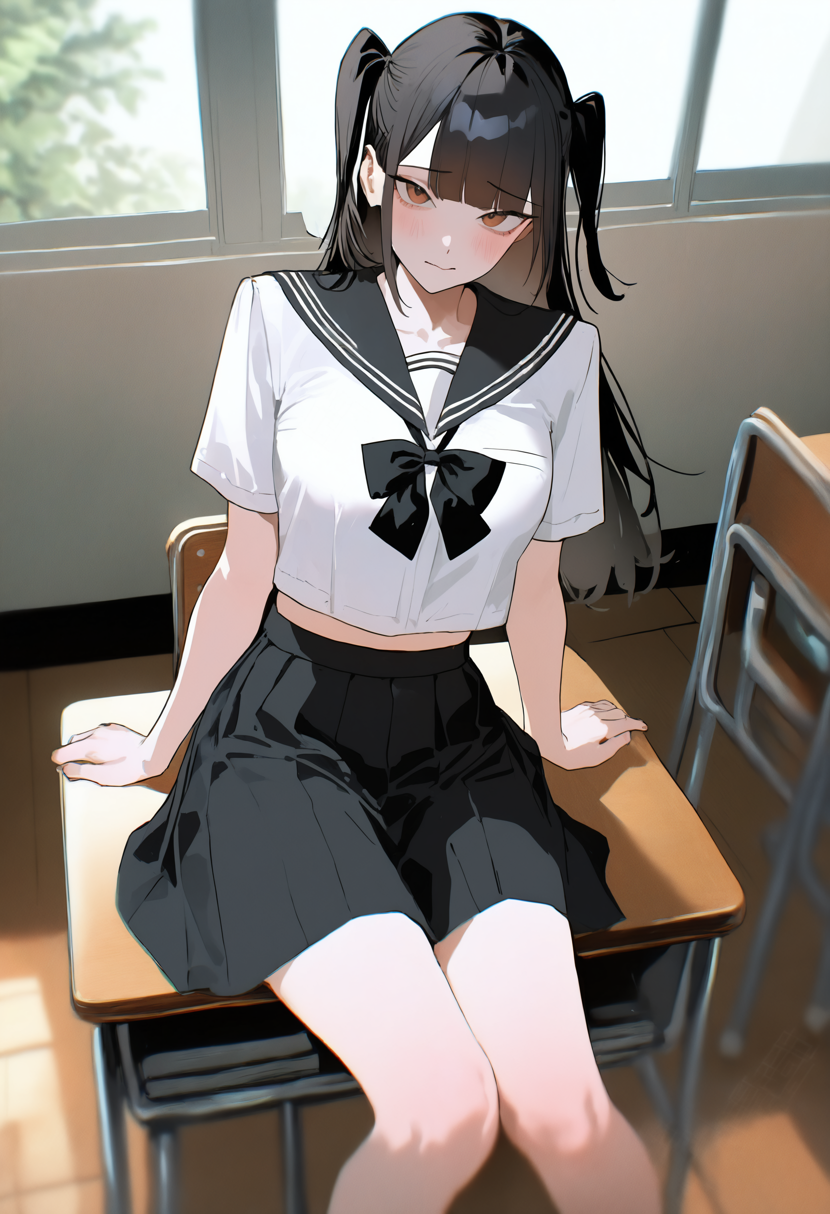 masterpiece, best quality, newest, absurdres, highres, very awa, anime screencap, film grain, painting \(medium\), ambient occlusion, depth of field, intricate background, bXVrd, 1girl, skirt, solo, sitting, school uniform, looking at viewer, black skirt, pleated skirt, white shirt, shirt, desk, long hair, indoors, sailor collar, serafuku, short sleeves, school desk, black hair, bow, brown eyes, two side up, closed mouth, black bow, window, breasts, midriff peek, sitting on desk, on desk, thighs, bowtie, classroom, feet out of frame, black sailor collar, black bowtie, school chair, head tilt, medium breasts, blunt bangs, arm support, blush, chair