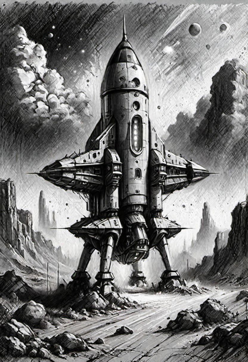 (masterpiece), 
A simple spaceship, road to mars,
Black and white tones,
HDR, highly detailed, 32k, 
looking at viewer,