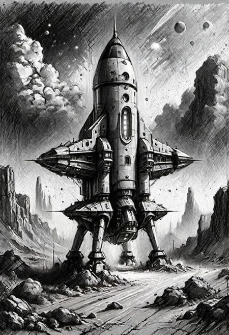 (masterpiece), 
A simple spaceship, road to mars,
Black and white tones,
HDR, highly detailed, 32k, 
looking at viewer,