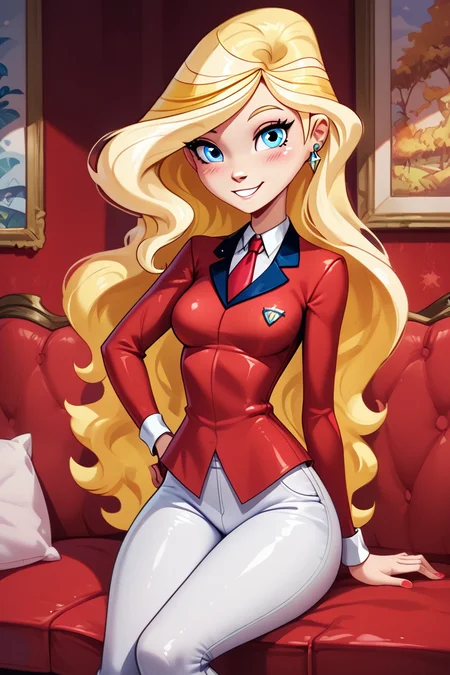 score_9, score_8_up, score_8, medium breasts, (curvy), cute, eyelashes, ,,, , zzSarahWhitney, blue eyes, blonde hair, long hair, red shirt, necktie, white pants, style parody, <lora:SarahWhitneyHorseland_PDXL:1.0>, , BREAK, ,,, smile, looking at viewer, blush, blurry, couch, sitting, ,,, shiny skin, <lora:ProAnime_PDXL_v1:0.7>, ,,, embedding:zPDXL, Expressiveh, <lora:SDXLFaeTastic2400:0.5>, <lora:Expressive_H-000001:0.4>,