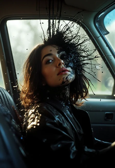 Cinematic, Beauty, Realism, Light and Shadow, Cinematography, Film Stills,
1980s photo of a woman's face splashed onto a car window, her head disintegrates into a black fluid and breaks into fragments, motion blur, 1990s HD quality, cinematic still, kodak tri-x35mm, 50mm, sharp, wide lens