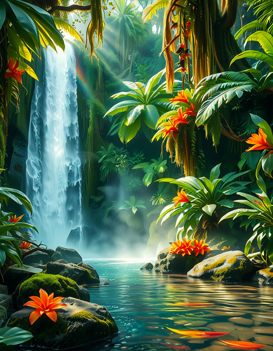A stunning and tranquil view of a jungle waterfall cascading down smooth, moss-covered rocks into a crystal-clear pool below. The scene is surrounded by dense, lush greenery, with towering tropical trees and vibrant, oversized ferns creating a natural canopy that filters sunlight into dappled patterns on the forest floor. Brightly colored flowers in shades of red, orange, and purple add splashes of color among the greenery, while vines and roots wind their way around the rocks and trees. Mist rises from the base of the waterfall, catching the sunlight and creating a soft, ethereal glow, with a faint rainbow visible in the spray. Exotic birds with iridescent feathers can be seen perched on branches, and the faint sound of distant animal calls adds to the sense of a thriving, untouched paradise. The overall atmosphere is serene, magical, and vibrant, capturing the untamed beauty of nature.<lora:SDXLFaeTastic2400:0.4> <lora:extremely_detailed:0.4> extremely detailed, <lora:Jungle_w4t3rf4ll:1>,Jungle w4t3rf4ll, Masterpiece,best quality,hi res,8k,hi res,8k,award winning,(sharp focus, intricate, highly detailed),