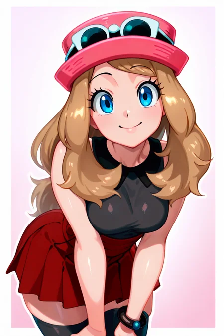 masterpiece, best quality, 1girl, solo, beautiful eyes, zzSerena, solo, long hair, blue eyes, eyewear on headwear, pink headwear, eyelashes, sleeveless shirt, black shirt, bracelet, high-waist skirt, red skirt, black thighhighs, <lora:SerenaPokemonIXL_v2:1.0>, <lora:TangobatIXL_v1:1.0>, , cowboy shot, leaning forward, smile, looking at viewer, shiny skin,